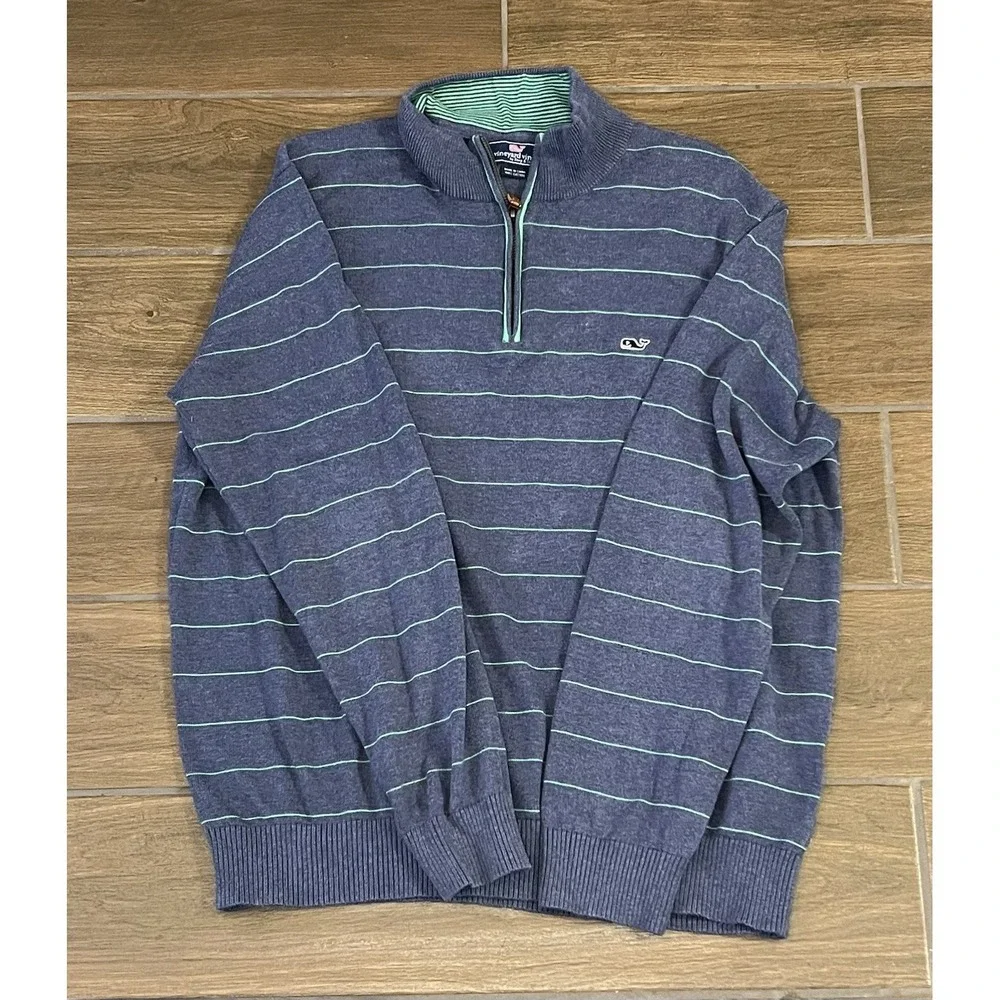 VINEYARD VINES REGULAR FIT 100% COTTON 1/4 ZIP SWEATER LARGE BLUE GREEN STRIPE